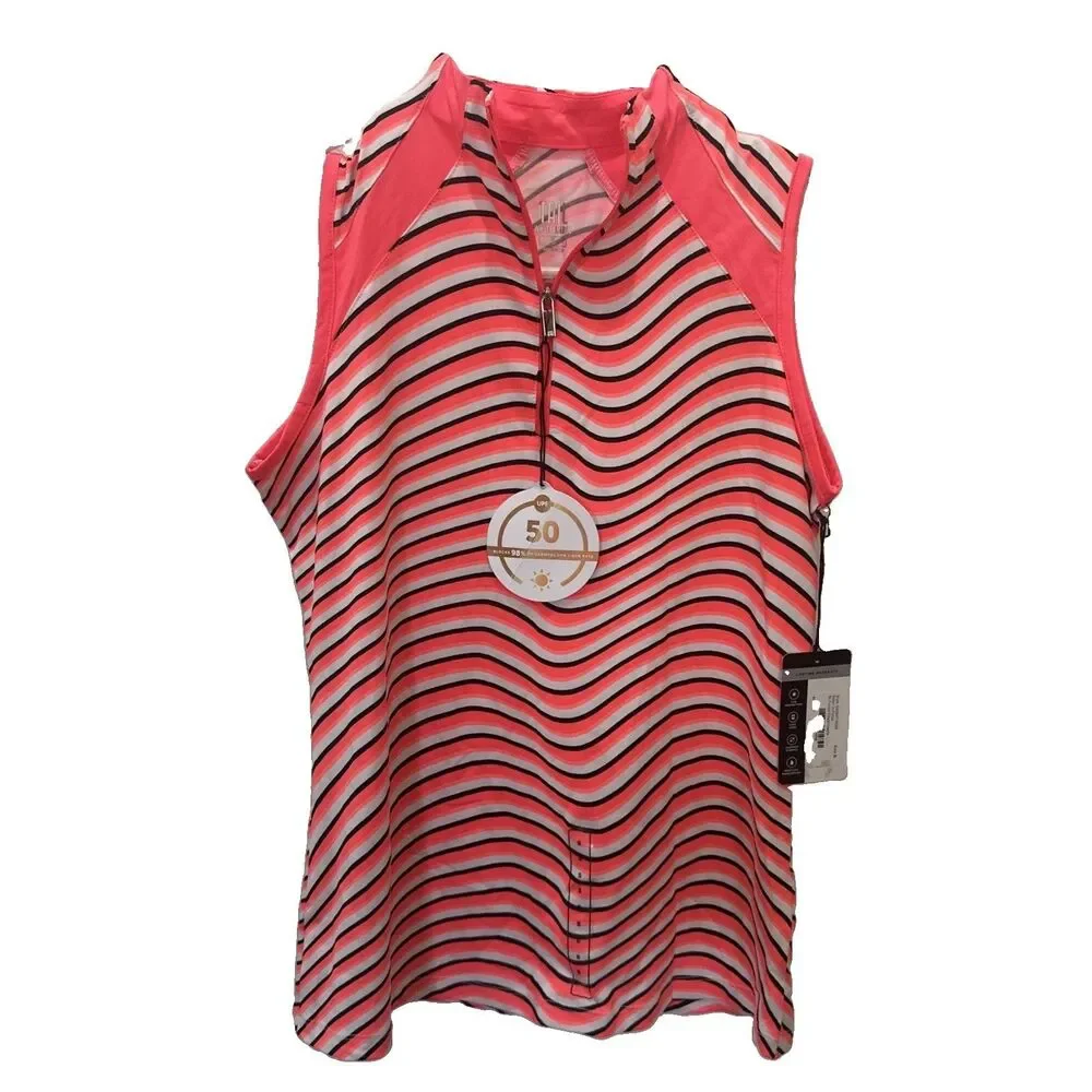 TAIL IN FOCUS Neon Coral Black Striped Sleeveless Golf Shirt Polo Small NWT